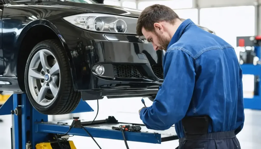 Mécanicien inspectant une voiture d'occasion avant achat en atelier