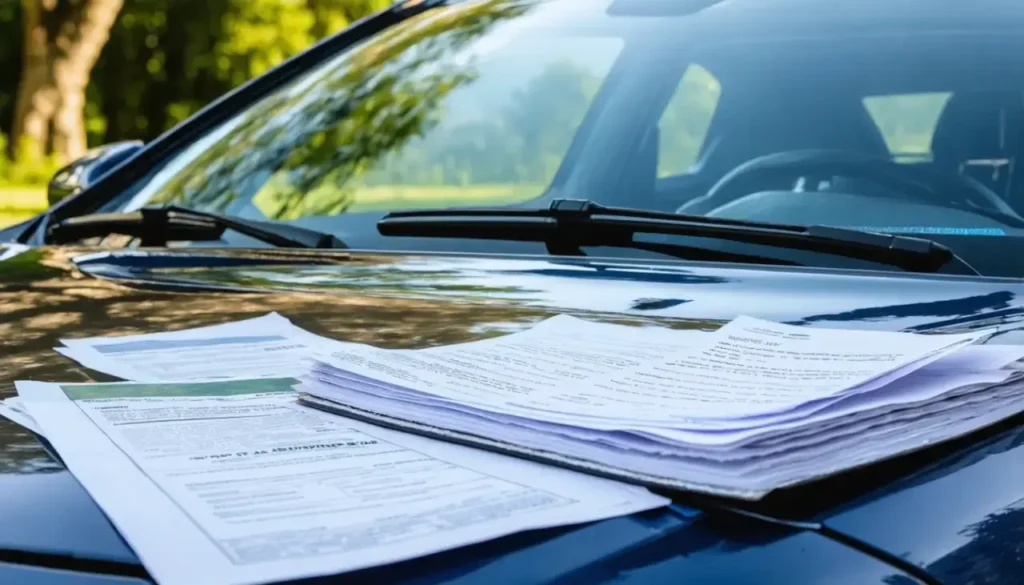 Documents de voiture sur un capot bleu en plein air